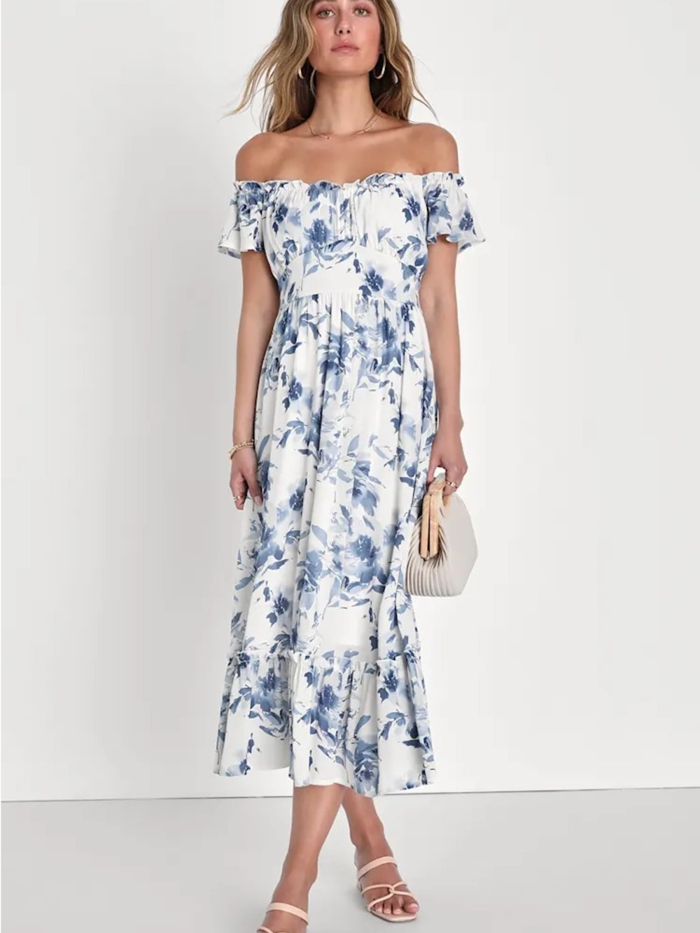 Off-Shoulder Blue Floral Midi Dress - White & Blue by the brand ‘By the River’